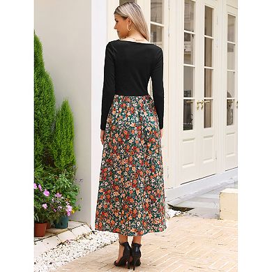 Vintage Patchwork Dress for Women's Maxi Swing Square Neck Party Dress