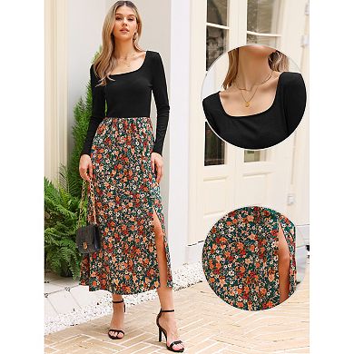 Vintage Patchwork Dress for Women's Maxi Swing Square Neck Party Dress