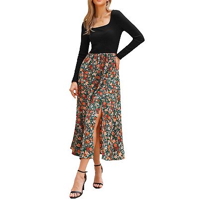 Vintage Patchwork Dress for Women's Maxi Swing Square Neck Party Dress