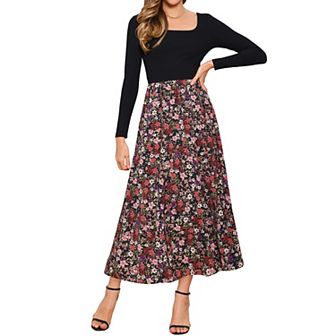 Vintage Patchwork Dress for Women's Maxi Swing Square Neck Party Dress