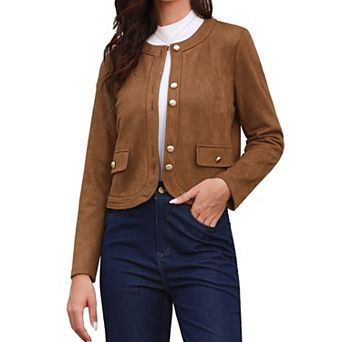 Crew Neck Coat for Women Long Sleeves Button Down Vintage Jackets