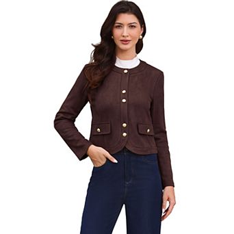 Crew Neck Coat for Women Long Sleeves Button Down Vintage Jackets