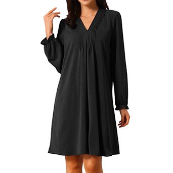 Women's Casual Knee Length Dress Long Sleeve V Neck Pleated Flowy Loose Shirt Dress