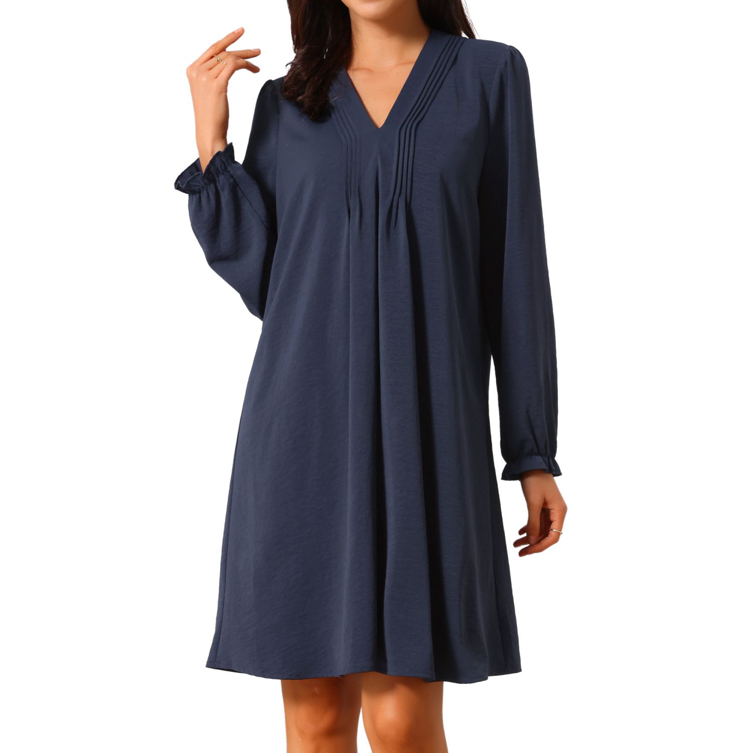 Женские платья Casual Knee Length Dress Long Sleeve V Neck Pleated Flowy Loose Shirt Dress
