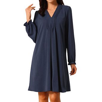 Women's Casual Knee Length Dress Long Sleeve V Neck Pleated Flowy Loose Shirt Dress
