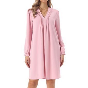 Women's Casual Knee Length Dress Long Sleeve V Neck Pleated Flowy Loose Shirt Dress