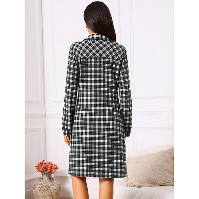 Women's Vintage Plaid Dresses Collar V Neck Long Sleeve Check Casual Knee Length Shirt Dress