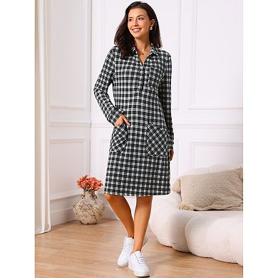 Women's Vintage Plaid Dresses Collar V Neck Long Sleeve Check Casual Knee Length Shirt Dress