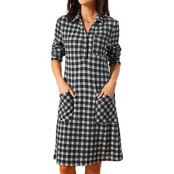 Women's Vintage Plaid Dresses Collar V Neck Long Sleeve Check Casual Knee Length Shirt Dress