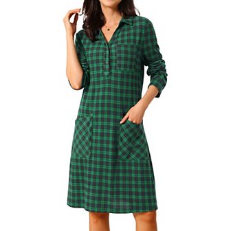 Women's Vintage Plaid Dresses Collar V Neck Long Sleeve Check Casual Knee Length Shirt Dress