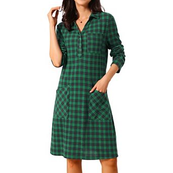 Women's Vintage Plaid Dresses Collar V Neck Long Sleeve Check Casual Knee Length Shirt Dress