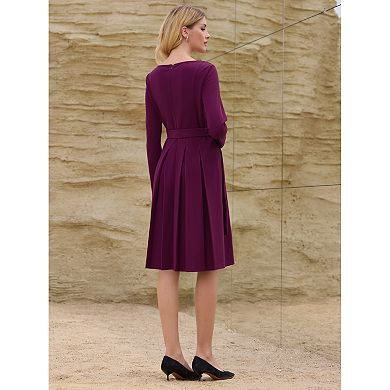 Women's Long Sleeve Pleated Dress Crew Neck Belted