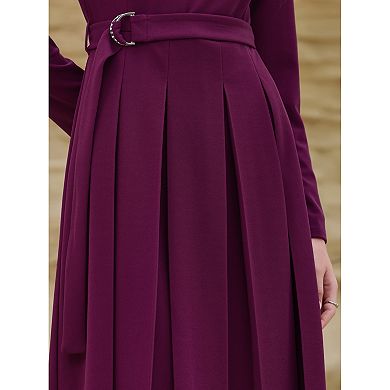 Women's Long Sleeve Pleated Dress Crew Neck Belted