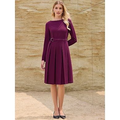 Women's Long Sleeve Pleated Dress Crew Neck Belted