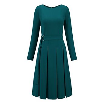 Women's Long Sleeve Pleated Dress Crew Neck Belted