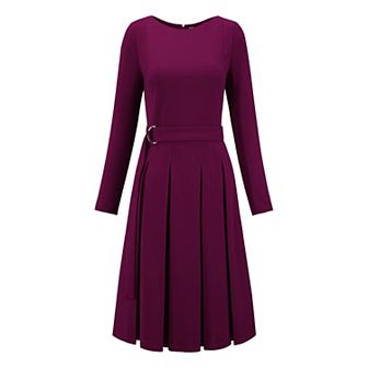 Women's Long Sleeve Pleated Dress Crew Neck Belted