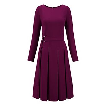 Women's Long Sleeve Pleated Dress Crew Neck Belted