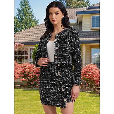 Women's 2 Piece Skirt Set Plaid Tweed Blazer Button Down Long Sleeve Jacket Mini Skirt Sets