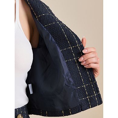 Women's 2 Piece Skirt Set Plaid Tweed Blazer Button Down Long Sleeve Jacket Mini Skirt Sets