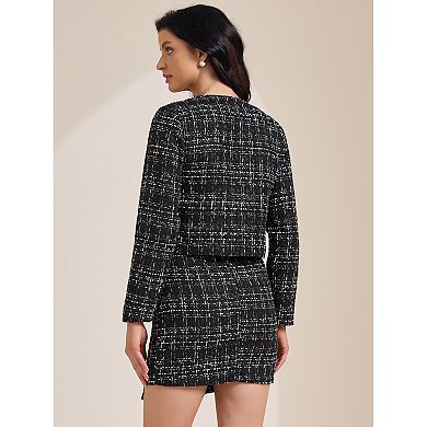 Women's 2 Piece Skirt Set Plaid Tweed Blazer Button Down Long Sleeve Jacket Mini Skirt Sets