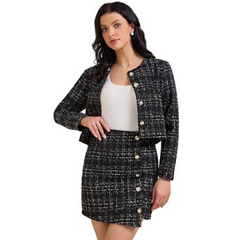 Women's 2 pc Skirt Set Plaid Tweed Blazer Button Down Long Sleeve Jacket Mini Skirt Sets