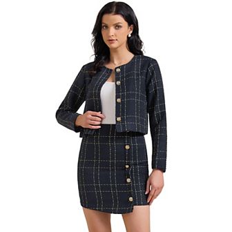 Women's 2 pc Skirt Set Plaid Tweed Blazer Button Down Long Sleeve Jacket Mini Skirt Sets