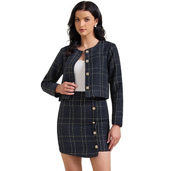 Women's 2 pc Skirt Set Plaid Tweed Blazer Button Down Long Sleeve Jacket Mini Skirt Sets