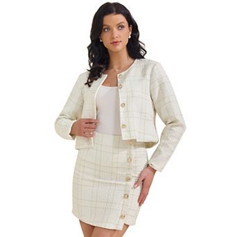 Women's 2 pc Skirt Set Plaid Tweed Blazer Button Down Long Sleeve Jacket Mini Skirt Sets