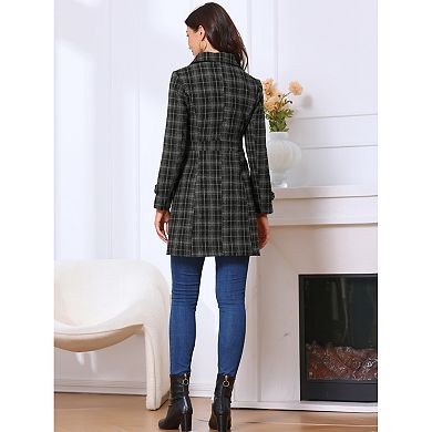 Single Breasted Pea Coat for Women's Plaid Winter Trench Outerwear