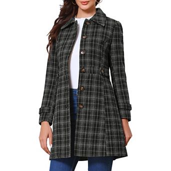 Single Breasted Pea Coat for Women's Plaid Winter Trench Outerwear