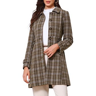 Single Breasted Pea Coat for Women's Plaid Winter Trench Outerwear
