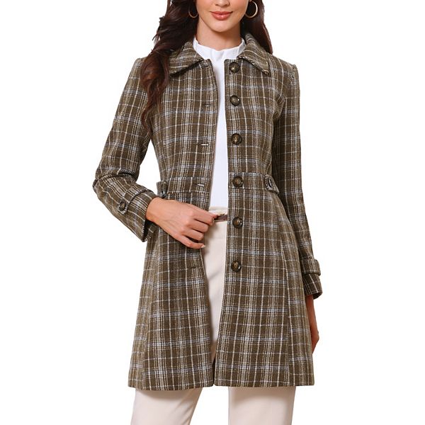 Single Breasted Pea Coat for Women's Plaid Winter Trench Outerwear