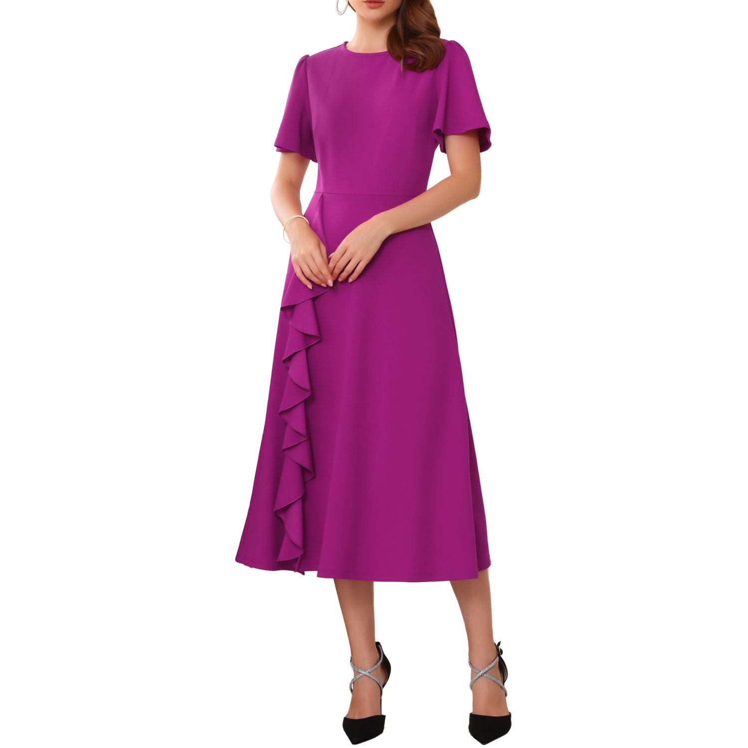 Женские платья Ruffle Dress Wedding Guest Crew Neck Short Sleeve Formal Cocktail Midi Dresses