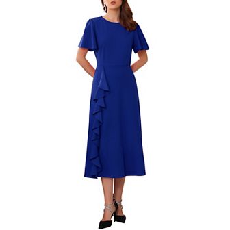 Women's Ruffle Dress Wedding Guest Crew Neck Short Sleeve Formal Cocktail Midi Dresses