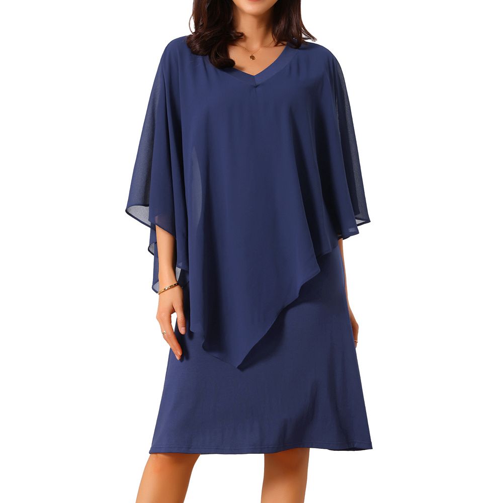 bodycon dress with chiffon overlay Women's Cape Dresses 3/4 Sleeve V Neck Pencil Wedding Guest Outfits The artful draping creates