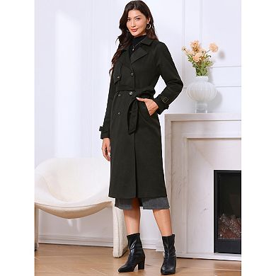 Double Breasted Coat for Women's Notched Lapel Long Sleeve Belted Winter Long Overcoat