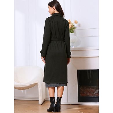 Double Breasted Coat for Women's Notched Lapel Long Sleeve Belted Winter Long Overcoat