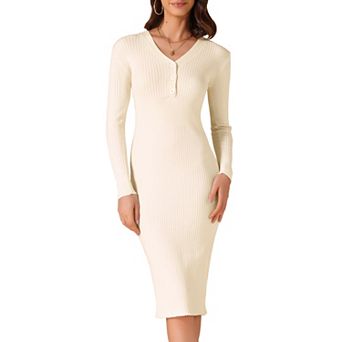 Women's Knitted Dress V Neck Solid Color Long Sleeves Buttons Slim Fitted Sweater Dresses