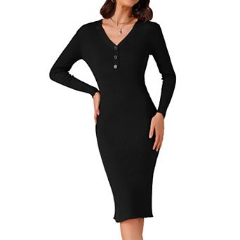 Women's Knitted Dress V Neck Solid Color Long Sleeves Buttons Slim Fitted Sweater Dresses