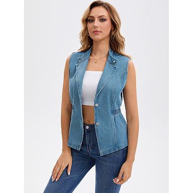 Women's Denim Vest Button Down V Neck Elastic Waist Jean Vests Waistcoat Sleeveless Jackets