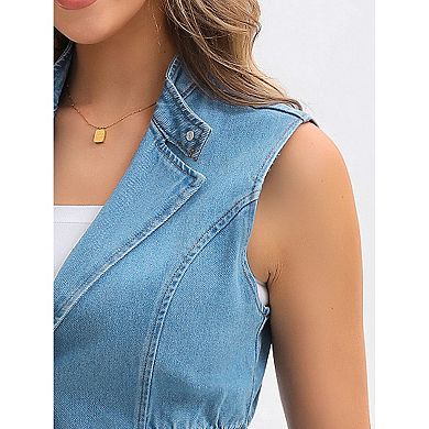Women's Denim Vest Button Down V Neck Elastic Waist Jean Vests Waistcoat Sleeveless Jackets