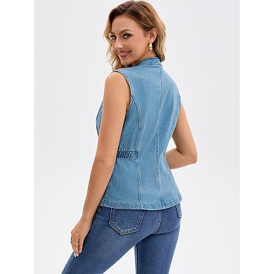 Women's Denim Vest Button Down V Neck Elastic Waist Jean Vests Waistcoat Sleeveless Jackets