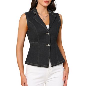 Women's Denim Vest Button Down V Neck Elastic Waist Jean Vests Waistcoat Sleeveless Jackets