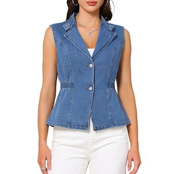 Women's Denim Vest Button Down V Neck Elastic Waist Jean Vests Waistcoat Sleeveless Jackets
