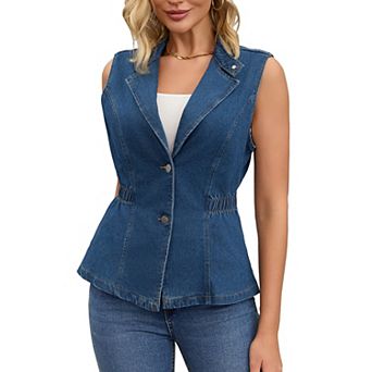 Women's Denim Vest Button Down V Neck Elastic Waist Jean Vests Waistcoat Sleeveless Jackets