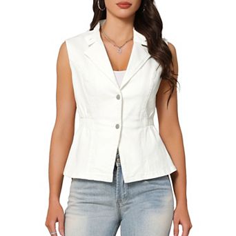 Women's Denim Vest Button Down V Neck Elastic Waist Jean Vests Waistcoat Sleeveless Jackets