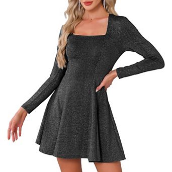 Sparkly Square Neck Party Dress for Women's Long Sleeve Cocktail Club A-Line Evening Dress