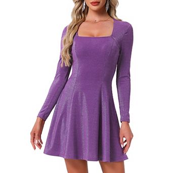 Sparkly Square Neck Party Dress for Women's Long Sleeve Cocktail Club A-Line Evening Dress