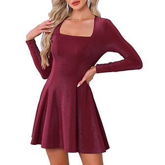 Sparkly Square Neck Party Dress for Women's Long Sleeve Cocktail Club A-Line Evening Dress