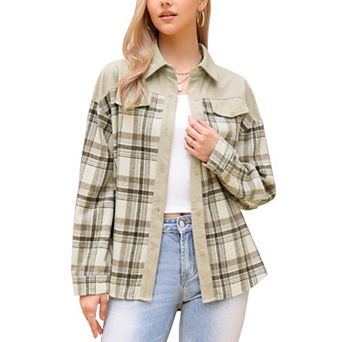 Corduroy Jacket for Women's Flannel Shacket Plaid Button Down Shirts Casual Jackets